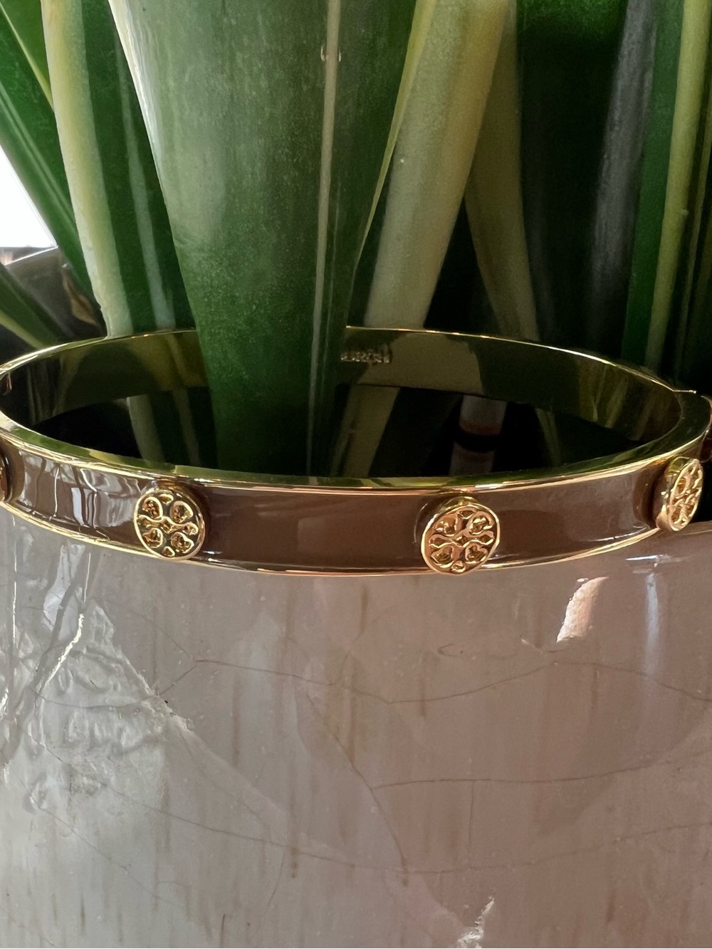 Tory Burch Brown Enamel and Gold Accent Bangle Bracelet